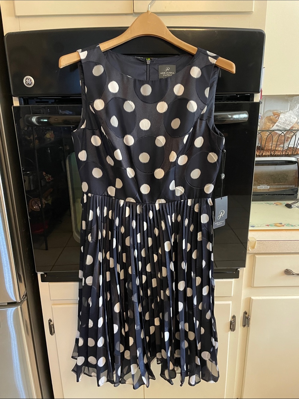 Adrianna Papell Navy & White Polka Dot Pleated Sleeveless Dress